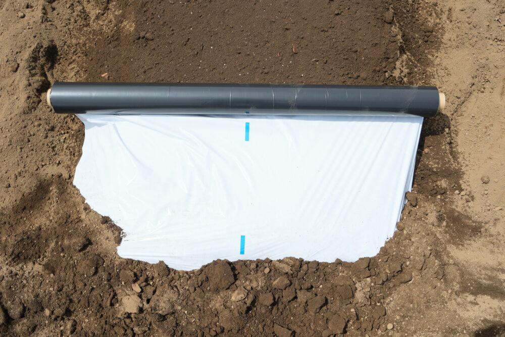 端を土で固定したマルチ