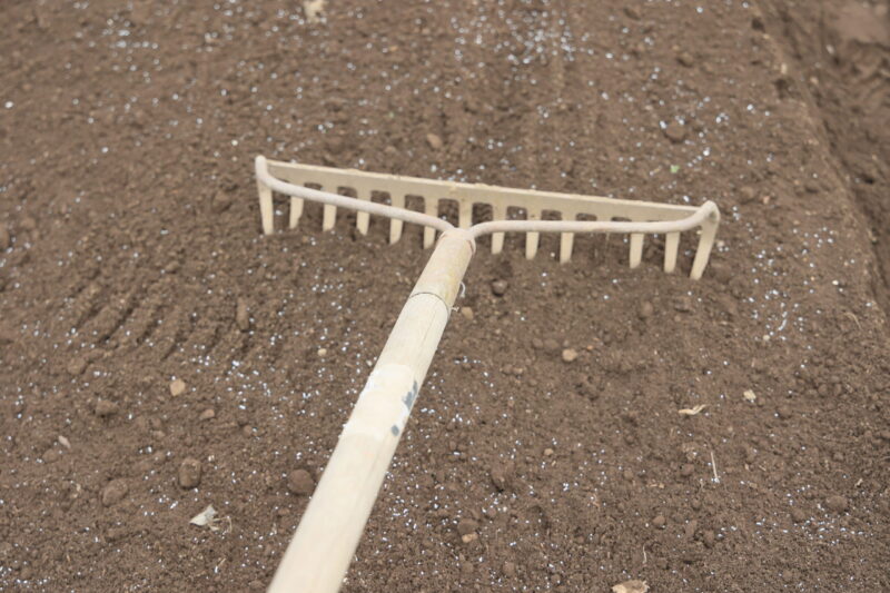 散布したアルバリン粒剤はレーキで土と混ぜ合わせる